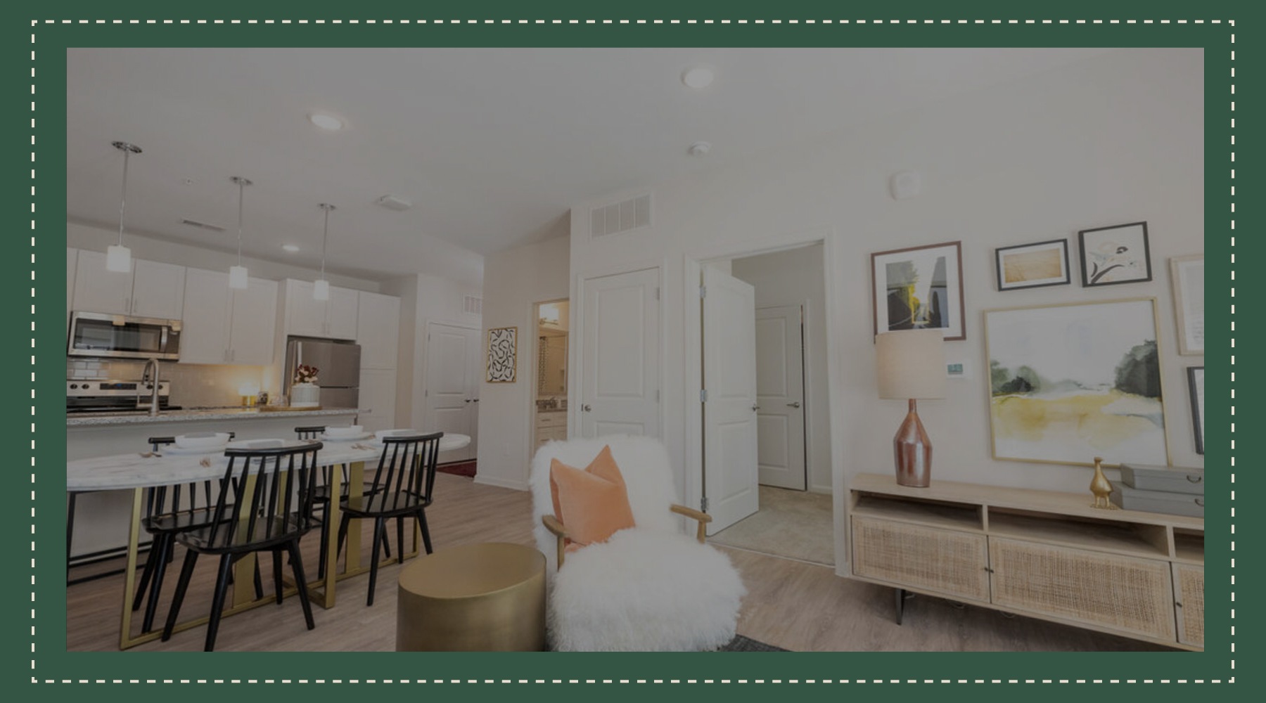 living room with furniture and a view of a kitchen